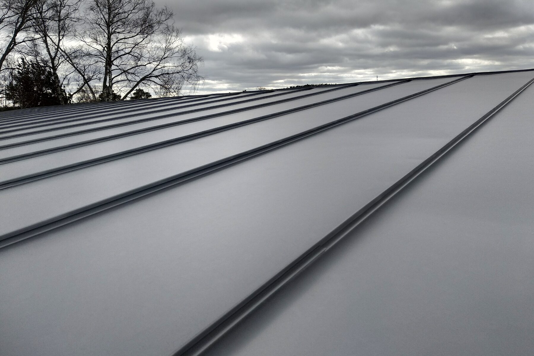 Standing seam metal roof beneath a dramatic coastal sky