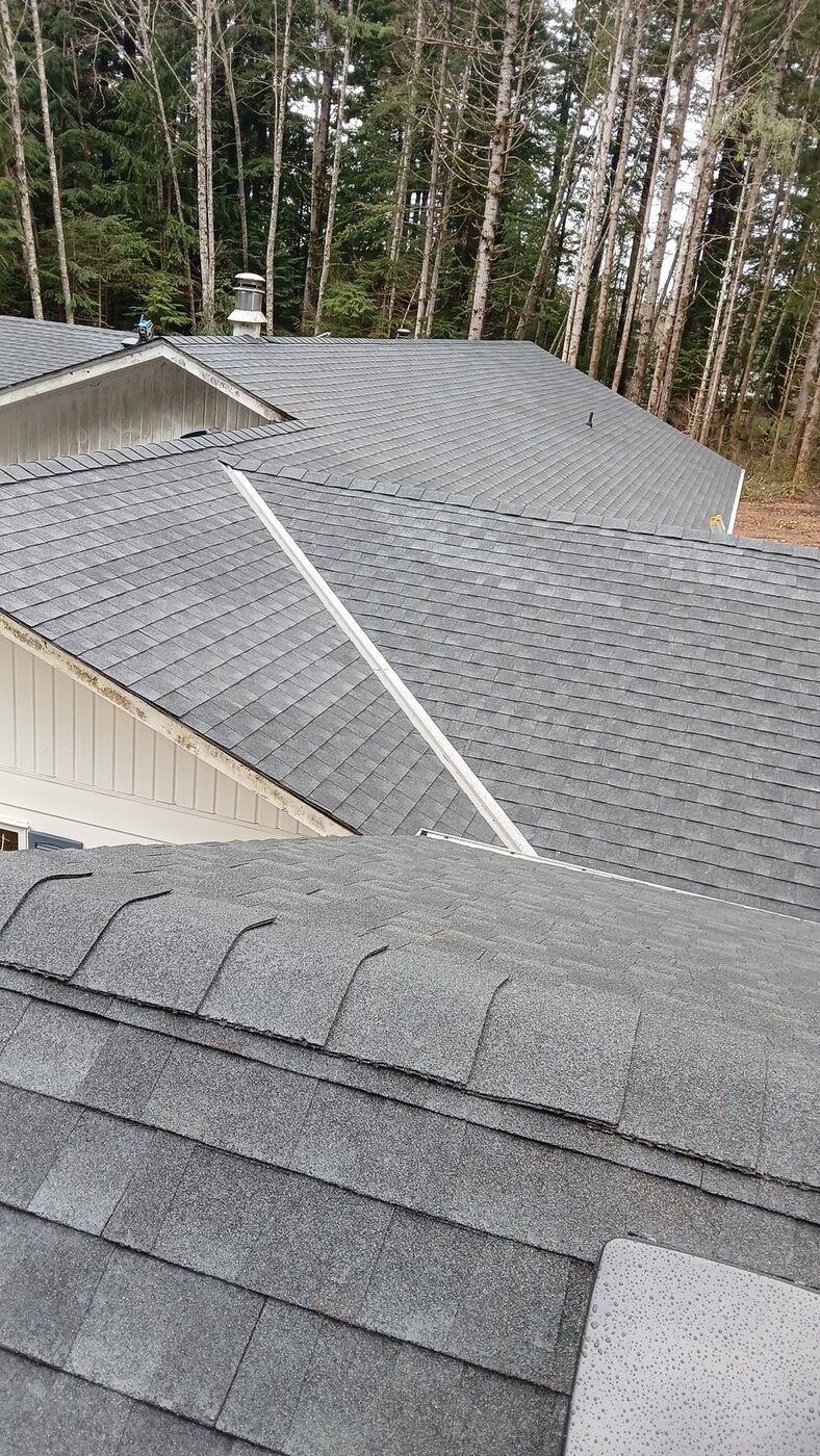 Completed asphalt roof surrounded by trees
