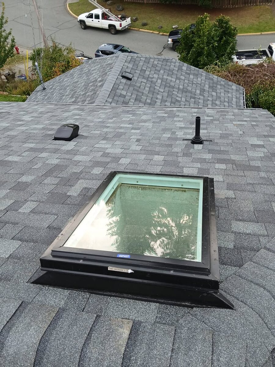 Detailed skylight flashing on a finished shingle roof
